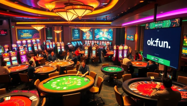 Experience the thrilling atmosphere of a casino with players at tables and the exciting online gambling brand at https://okfun.accountant/.