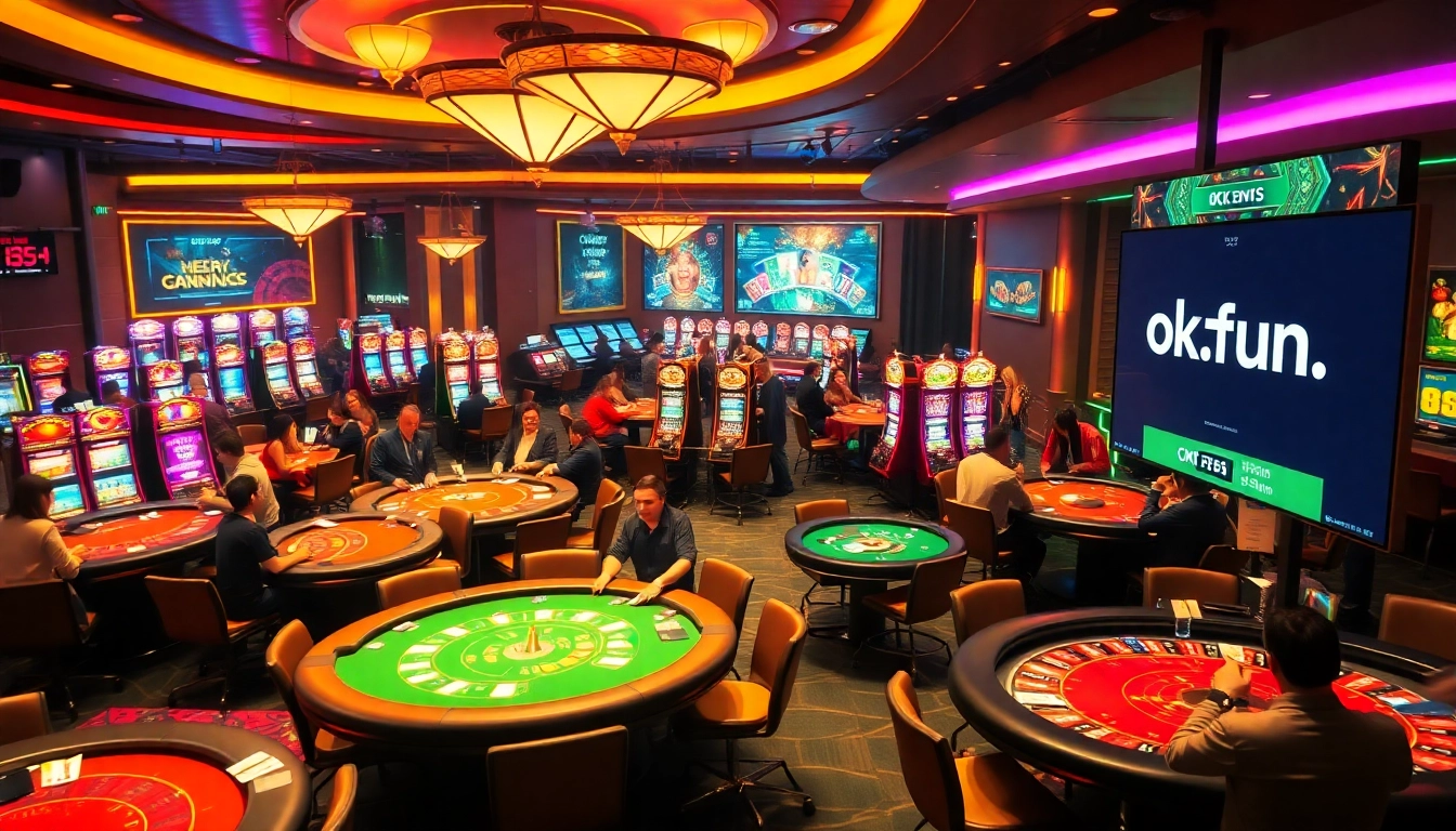 Experience the thrilling atmosphere of a casino with players at tables and the exciting online gambling brand at https://okfun.accountant/.
