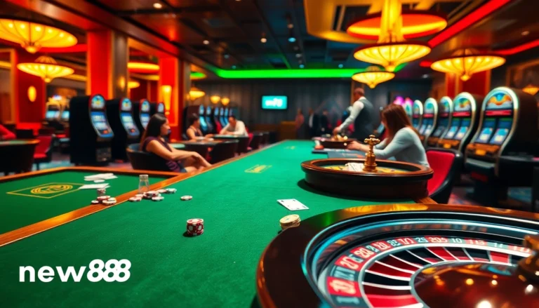 Experience the thrill of gaming at new88 chính thức casino with vibrant poker tables and spinning roulette wheels.