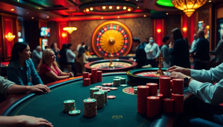 Play exciting games at https://789f.accountant/ with a lively casino scene featuring poker tables, roulette wheels, and happy players.