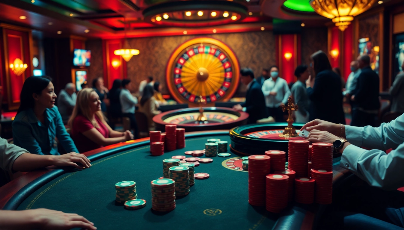Play exciting games at https://789f.accountant/ with a lively casino scene featuring poker tables, roulette wheels, and happy players.